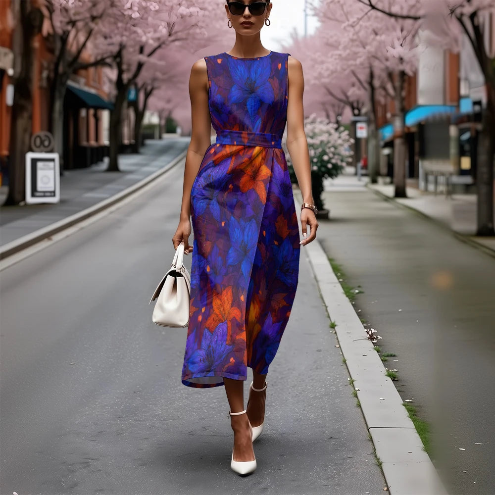 Breathable A-Line Sleeveless Chic Blue & White Dress