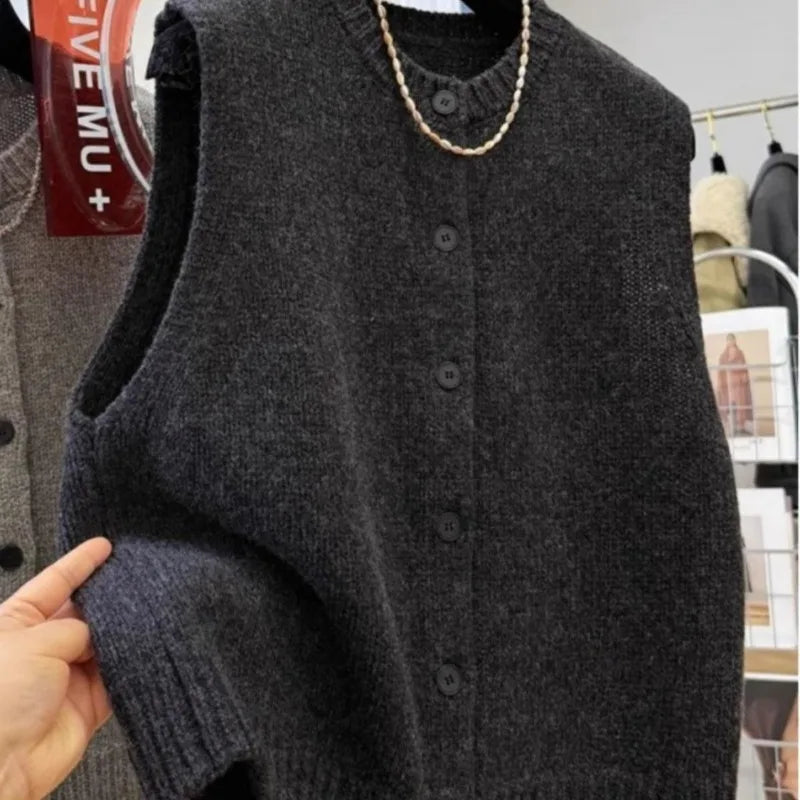 Women Sweater Vests Casual Loose Basics Solid Buttons Knitwear Sleeveless