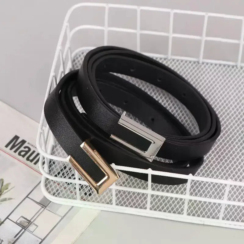 Women Thin Belt Black Gold Silver Metal Buckle Belt