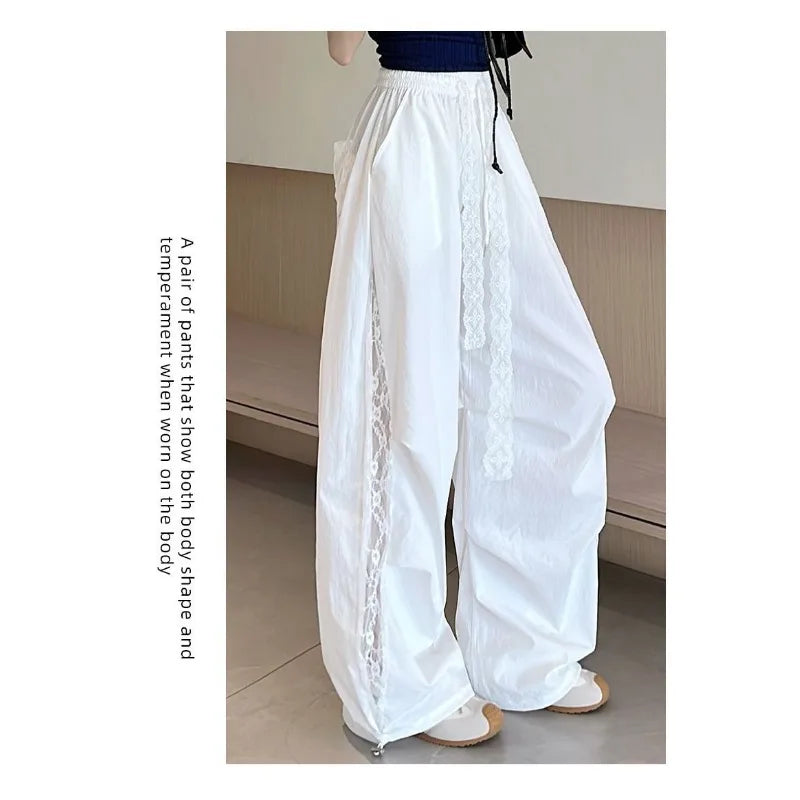 Wide Leg Pants  with Lace Side Panels Elastic Waist