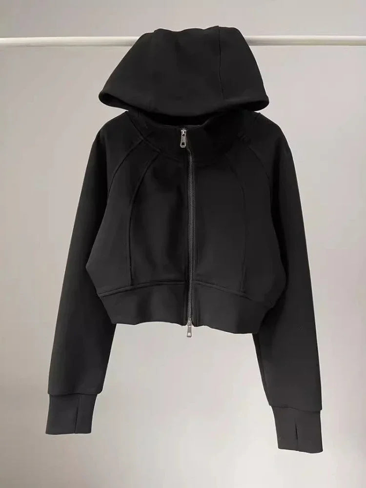 Solid Cropped Fashion Hoodies For Women  Dual Zippers Loose y2k Jackets