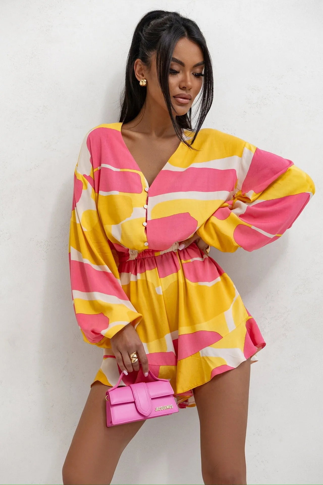 Women's Jumpsuit Colourful Printed V-Neck Long-Sleeved Jumpsuit