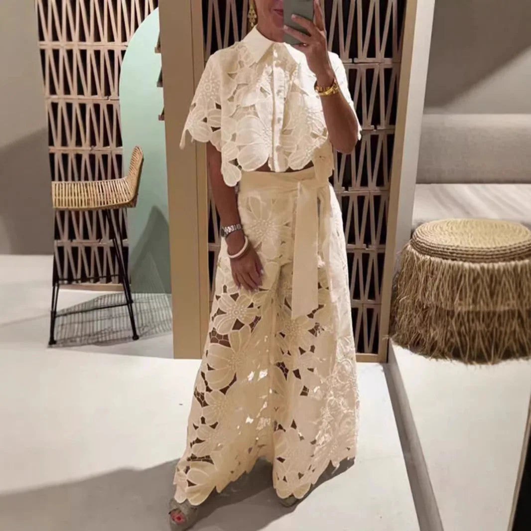 Elegant Women's Sets Sexy Lace Hollow Shirt Short Top + Wide-leg Pants