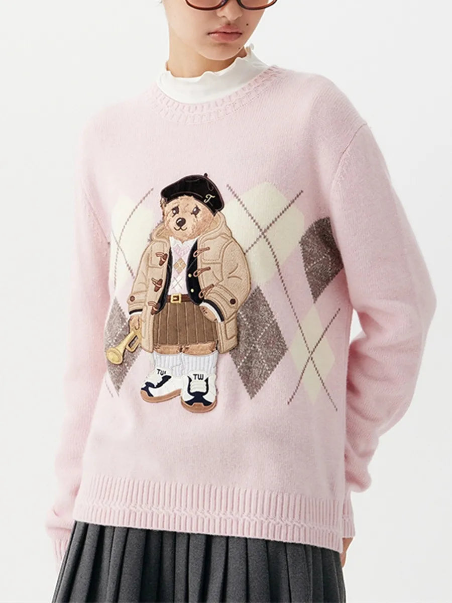 Women's Knitwear Diamond Jacquard Fitted O-neck Sweater
