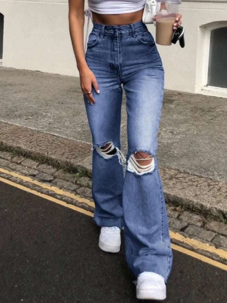 Ripped Jeans For Women Streetwear High Waisted Denim Trousers