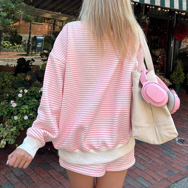 Striped Sweatshirt Sets for Women 2 Piece Shorts Outfit