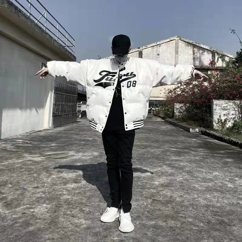 Winter PU Leather Baseball Jacket Men and Women  Patchwork Letter Embroidery