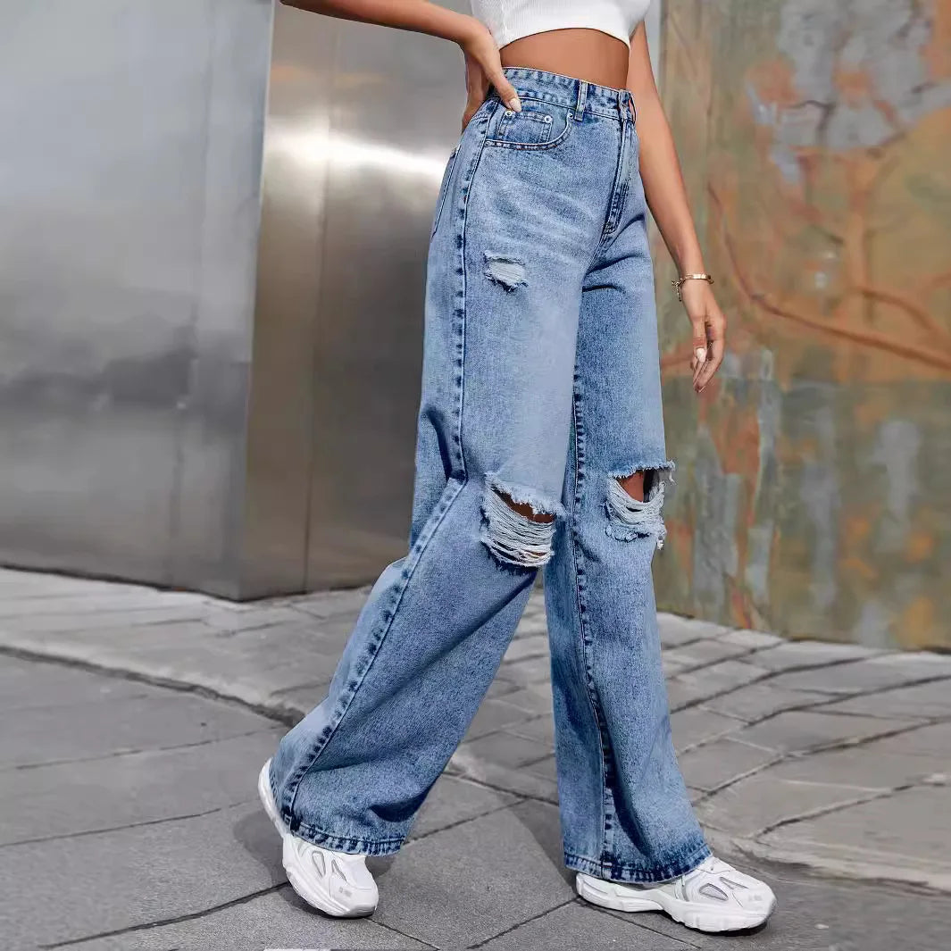 Women's Fashion Ripped High Waist Wide Leg Casual  Boyfriend