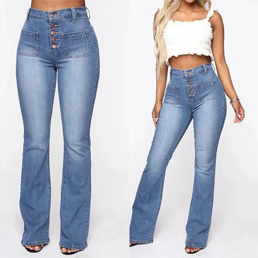 Women‘s Washed Denim Jeans - Button Fly Pants with Classic Patch Pockets