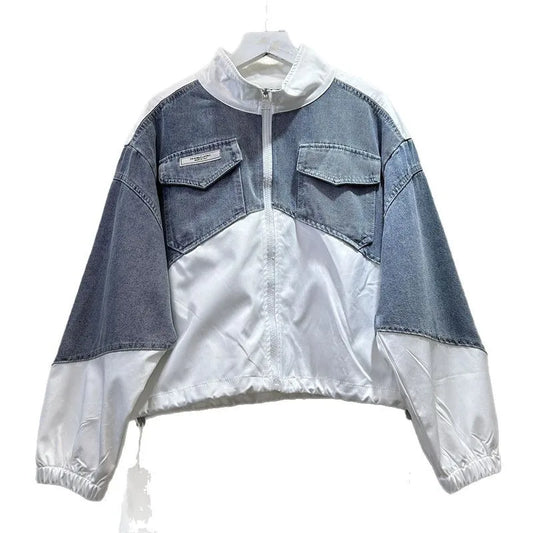 Denim Coats Stand Collar Jackets Zipper Full Sleeve