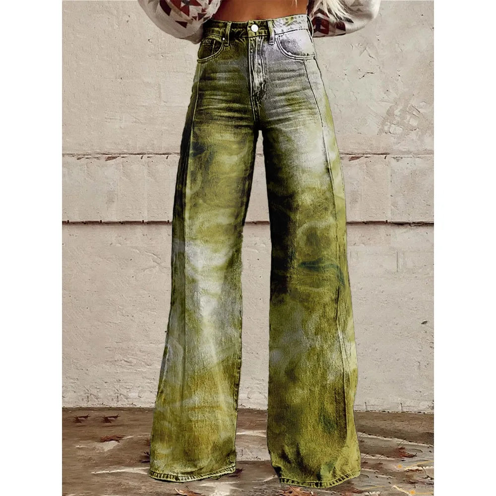 High Waisted Wide Leg Pants Artistic Ink Wash