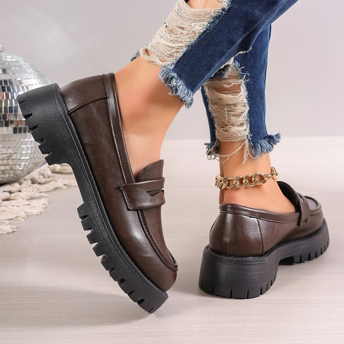 Casual Platform Loafers Leather Shoes for Women
