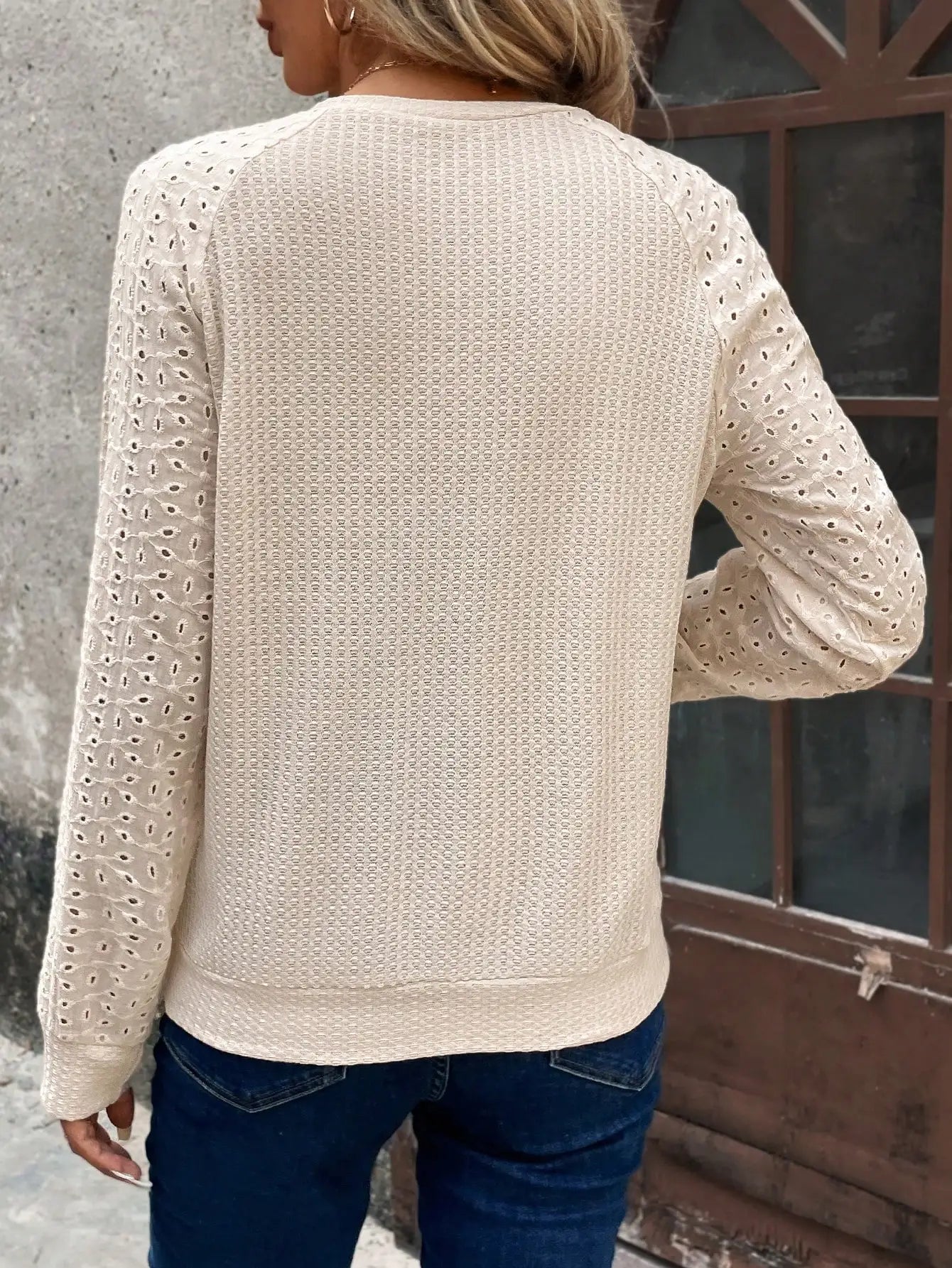 Women's Solid Apricot-Colored Sweatshirt with Lace Sleeves