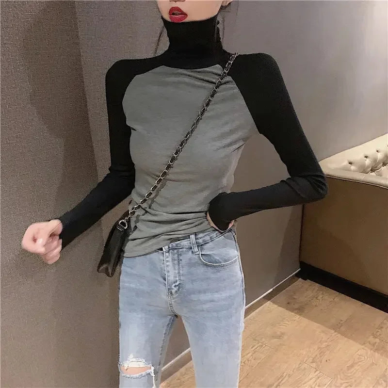 Women T-Shirts Women's Turtleneck Spring and Autumn Slim Fit Demon Long-Sleeved Red T-shirt Top Crop Top Mujer Camisetas