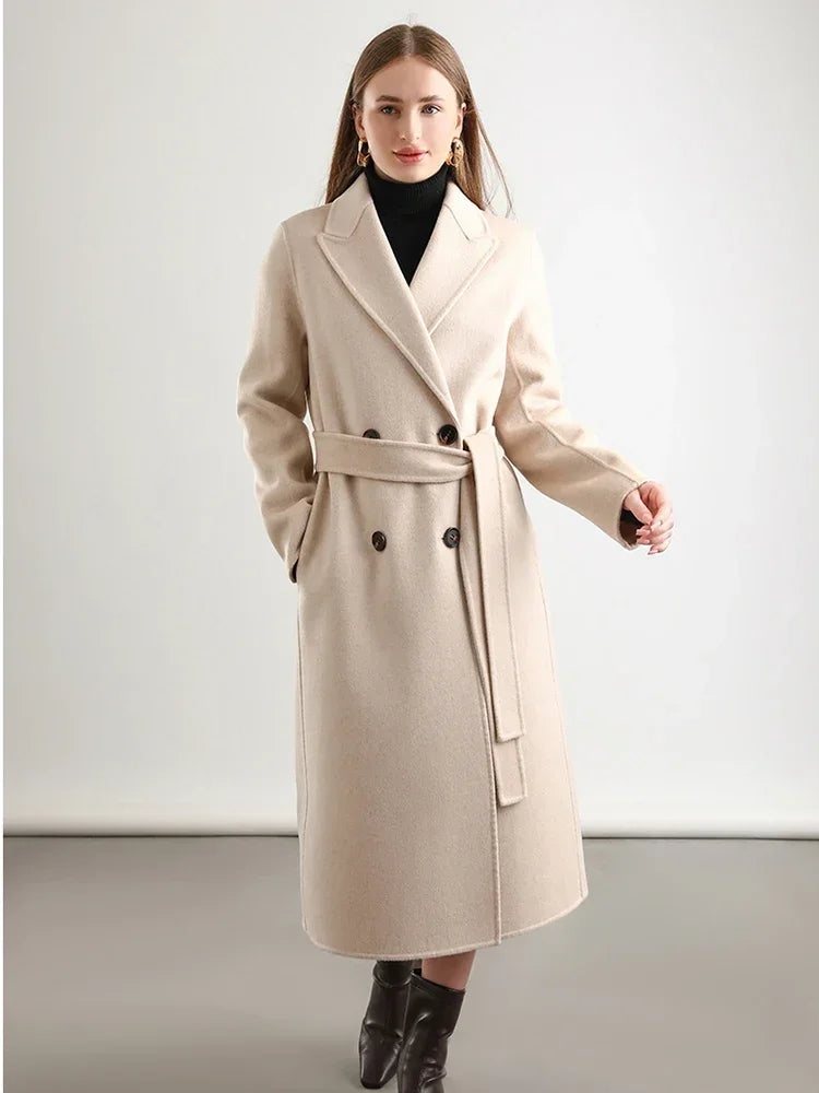 Wool Peak Lapel Overcoat Belt Double-Breasted Long Jacket Trench Coat