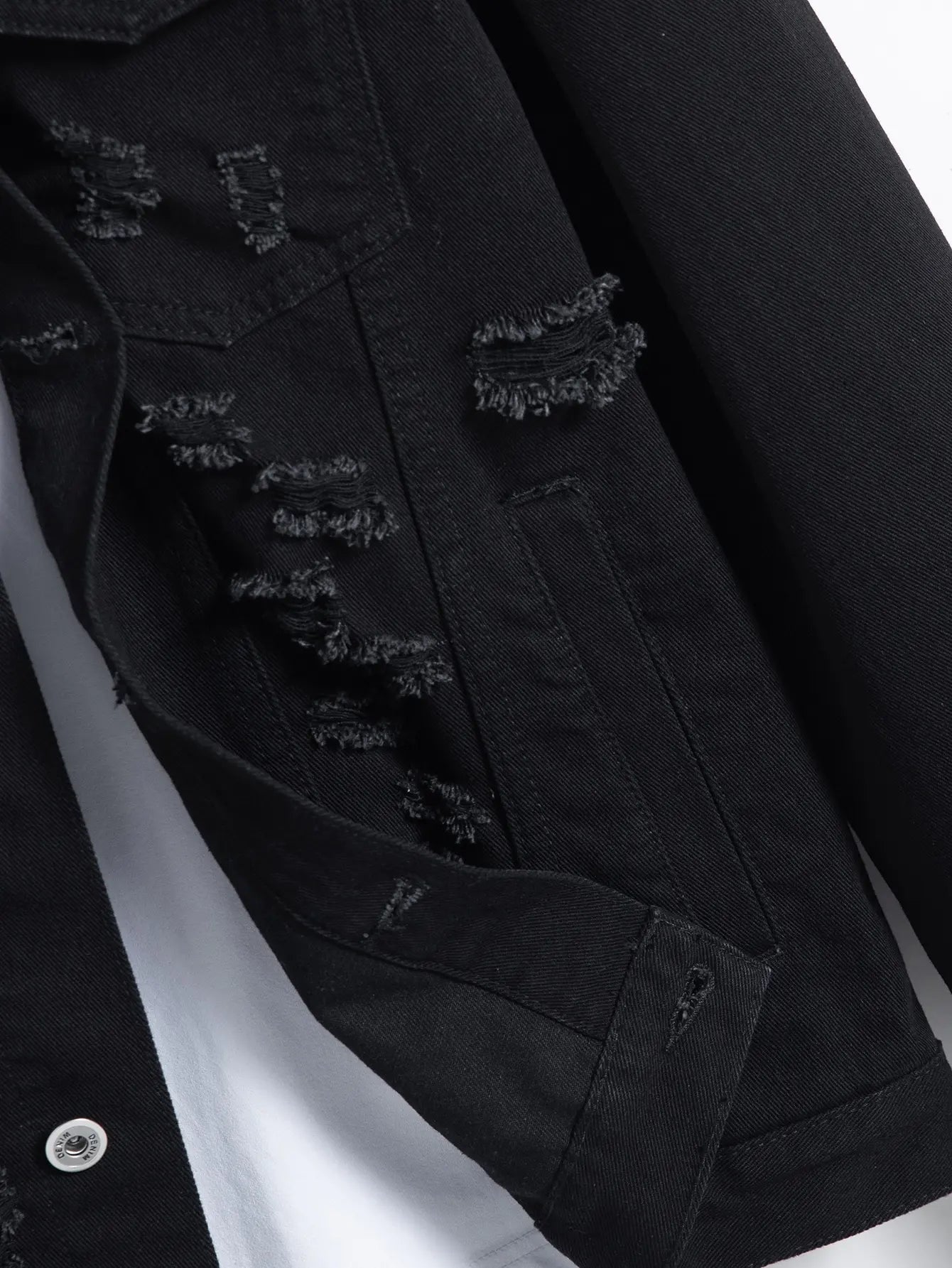 Men's denim jacket for spring and autumn. Black ripped jacket.