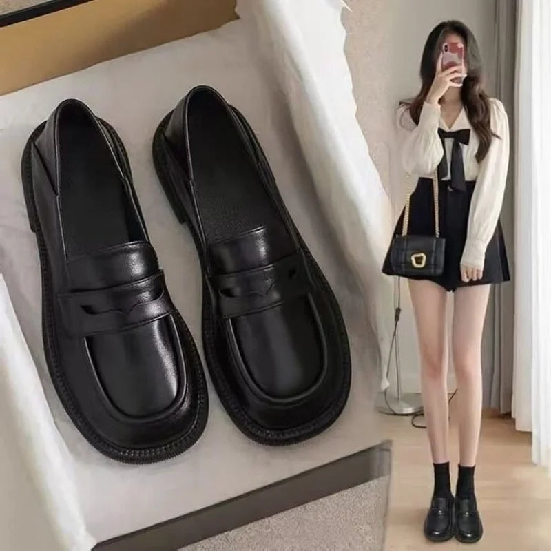 2026 New Women's Black Platform Loafers, Comfortable Thick Sole Casual Shoes, Classic Slip On Leather Loafers for Women