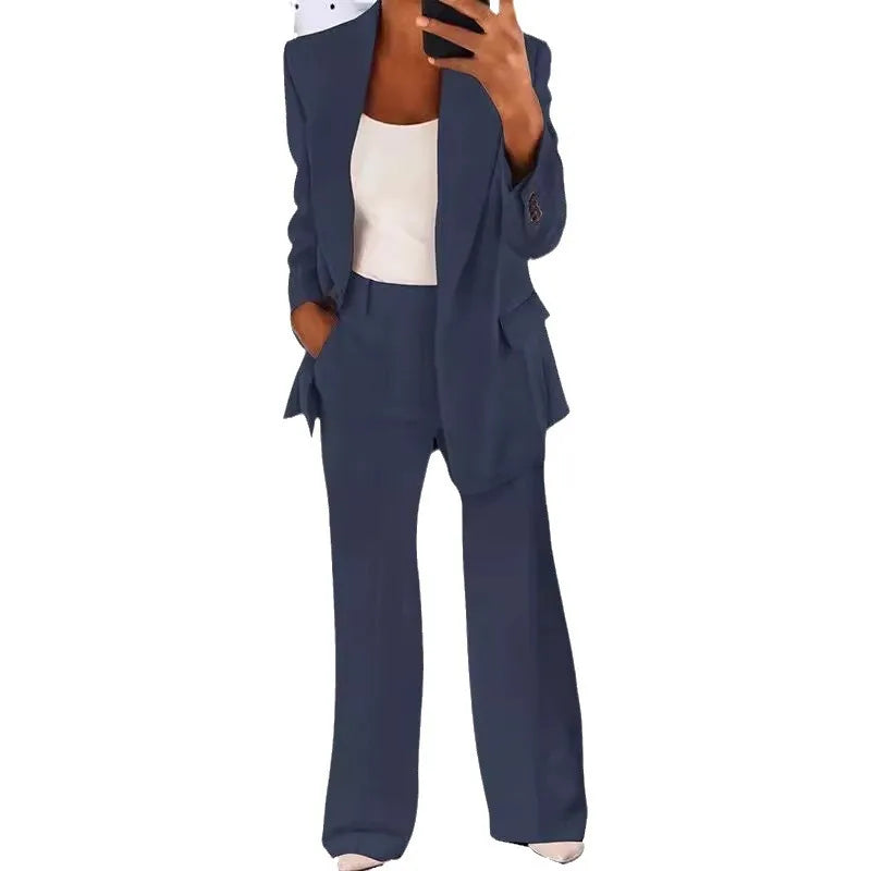 Women's Sets Two 2 Pieces Casual Pocket Single Button Blazer Jackets& High Elastic Waist Workwear Wide Leg Pant Suits
