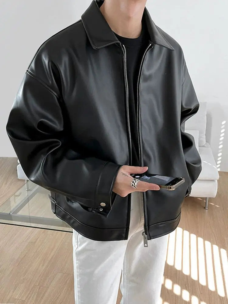 Black PU Leather Oversized Coats Collar Zip-Up