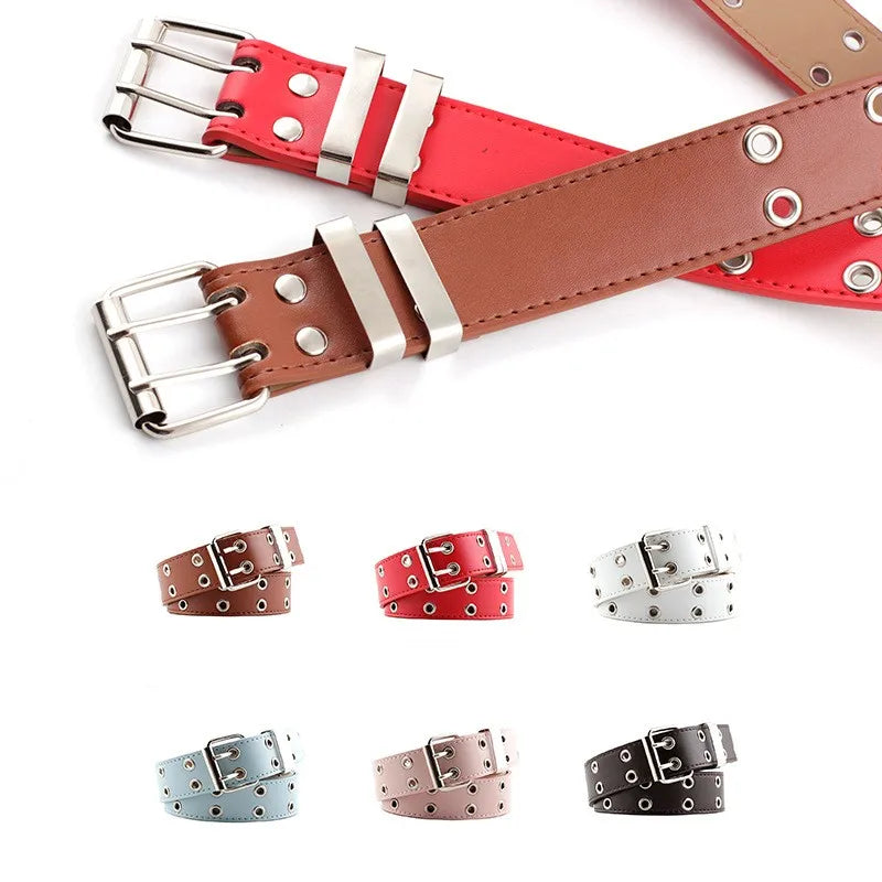 Women Trouser Belt Punk Cool Metal Buckle Adjustable Eyelet Leather Fashion
