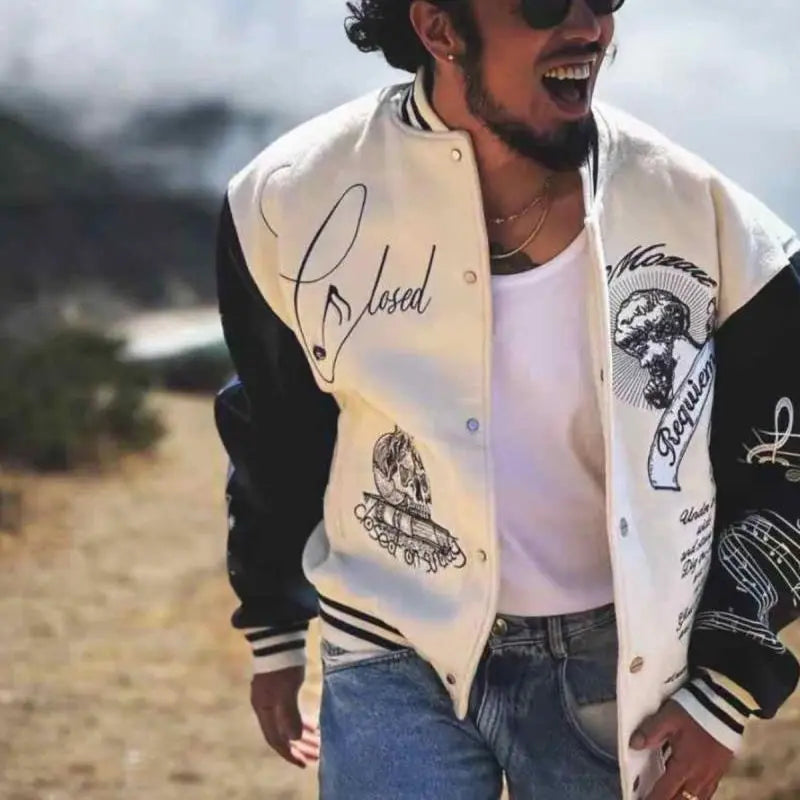 Embroidery Varsity Jacket Men PU Leather Sleeves Oversized Bomber Jackets