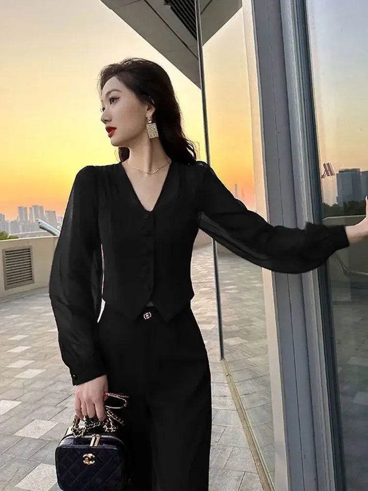 Women 2 Pieces Red Sexy Holiday Outfits Trousers Woman Spring Autumn Shirt Blouse and Clothing Sales Luxury Full D