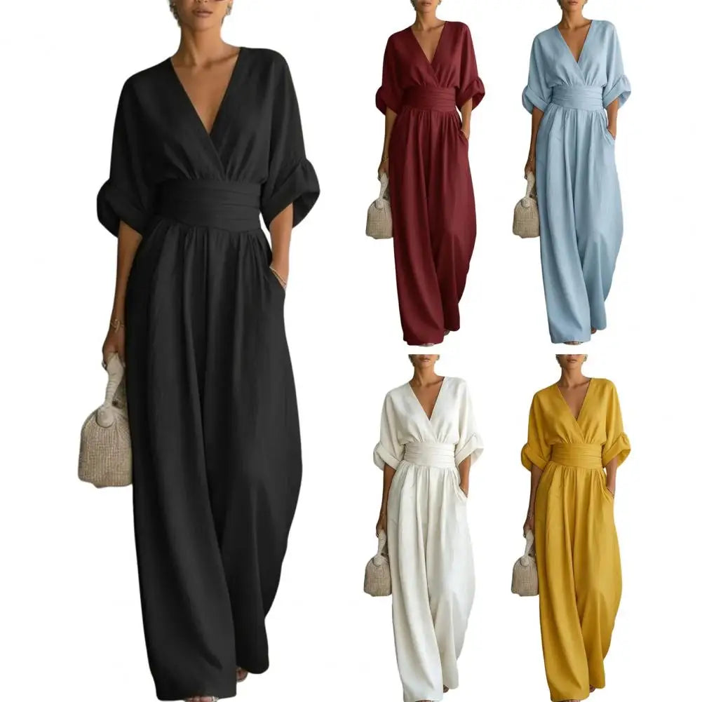 Women's Jumpsuit Fashion High Waist V-neck Casual  Wide Leg Trousers