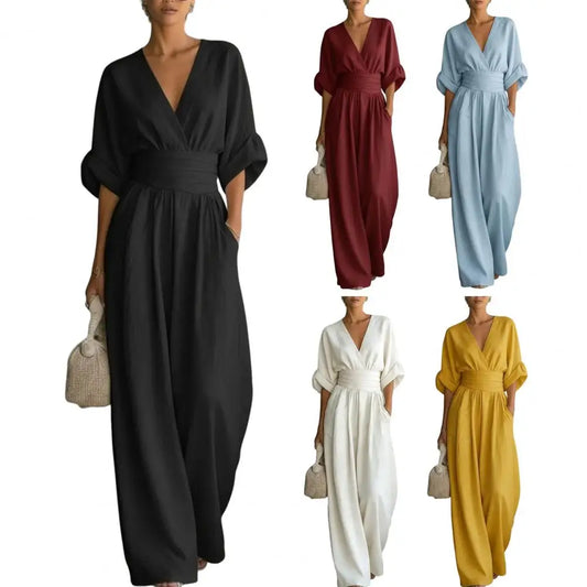 Women's Jumpsuit Fashion High Waist V-neck Casual  Wide Leg Trousers