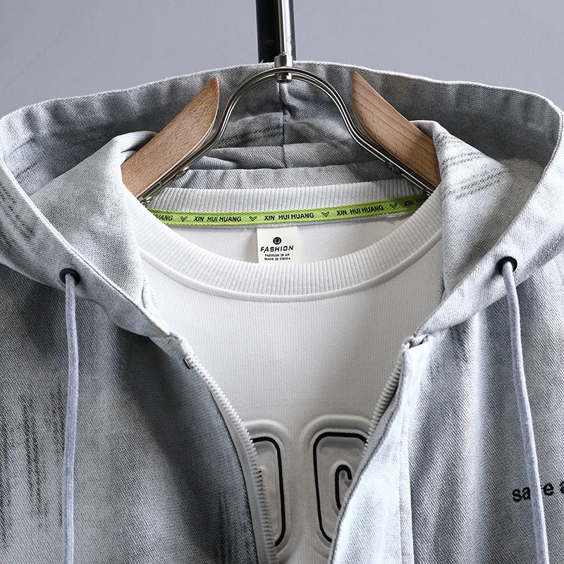 Men's Fashionable Denim Jacket - Cotton Blend Hooded Pullover