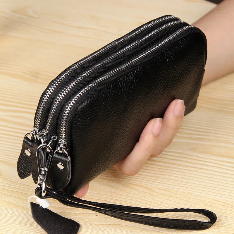 Women Long Wallet Genuine Leather 3-Layer Zipper Purse Bag