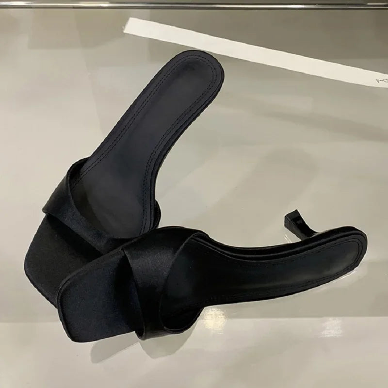 Summer Fashion Open Toe Women Slipper Thin Low Heel Silk Dress Ladies Slides