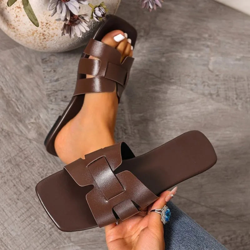 Women Fashion Slippers Square Headed Slippers Outdoor Flat Anti-slip Sandals