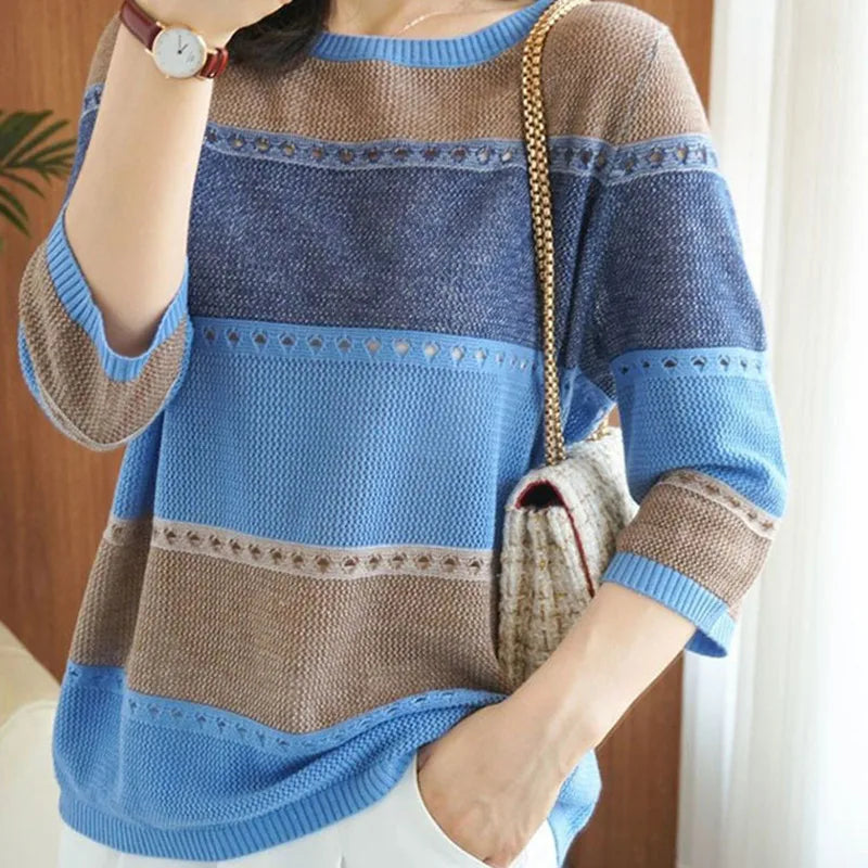 Women's  Round Neck Striped Pullovers Long Sleeve Sweaters
