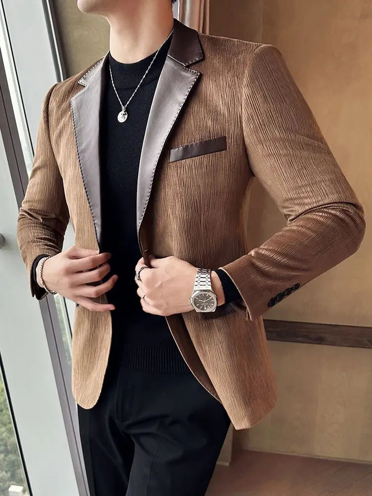 Male Coats  Leather Splicing Blazers Trendy Joker Vintage Casual