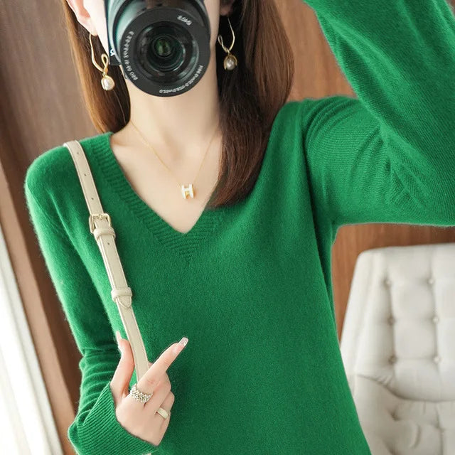 Women's Sweater  Knitted Pullovers V-neck Slim Fit Bottoming Shirt