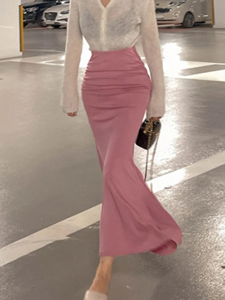 Shirring Satin  High Waisted Skirt