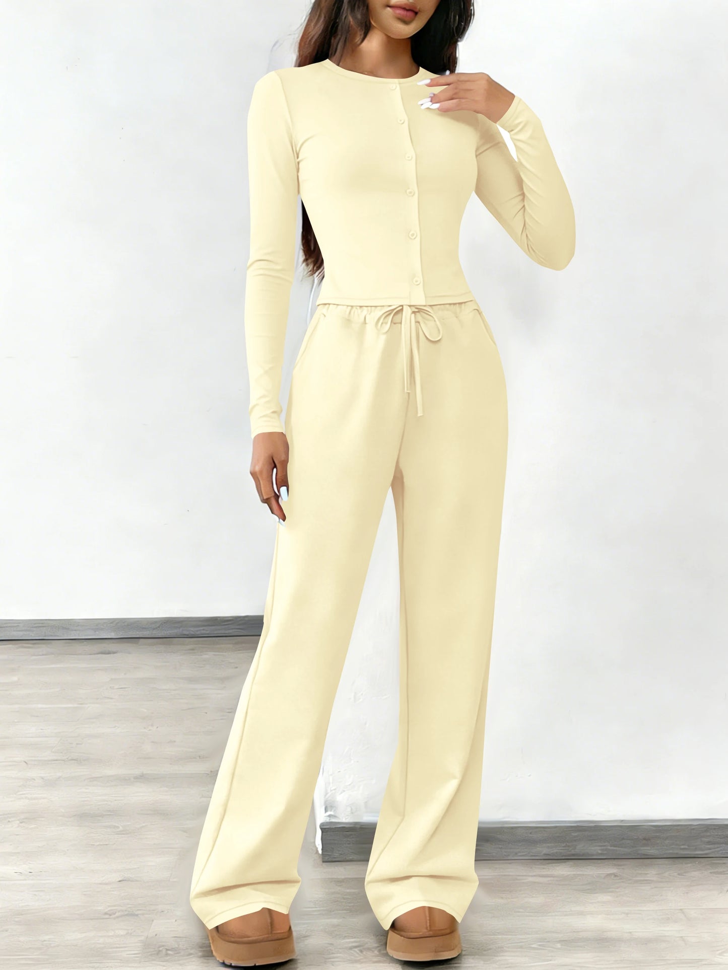 Women's fashionable two-piece set: round neck button-down long-sleeved top