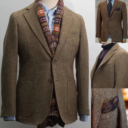 Men's Suit Herringbone Blazer Prom Tuxedos Wool Jacket （Only Coat）