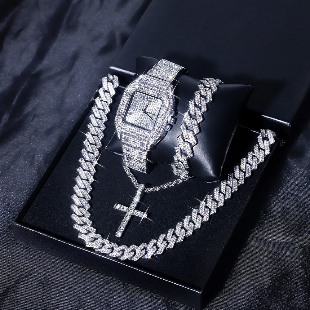 5Pcs Silver HipHop Watch Set Ice Flash Men Women