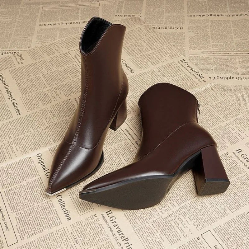 Women's autumn winter thick heeled pointed high-heeled short boots anti slip warm  shoes