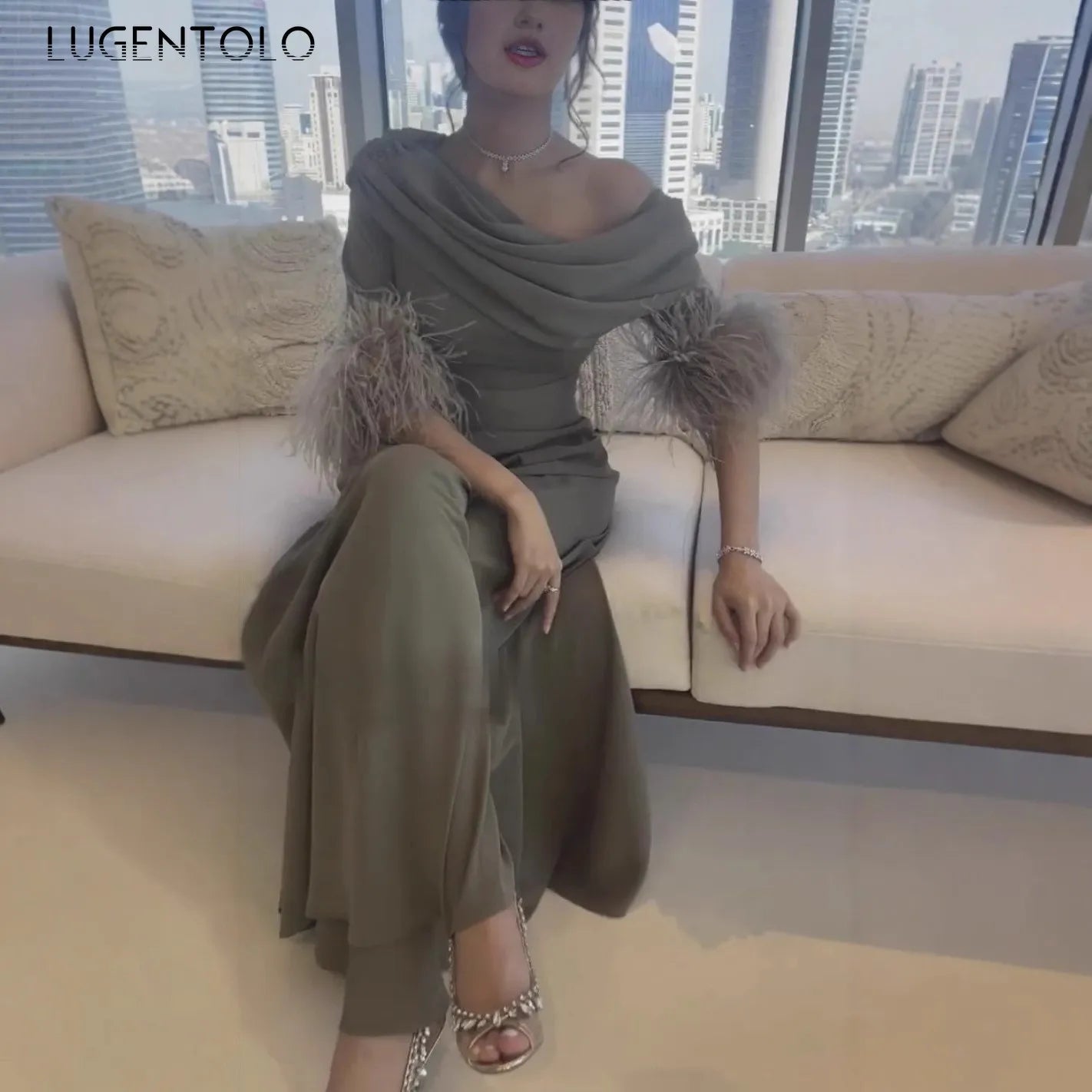 Women Sexy Jumpsuits Feather-panelled  Wide-leg Pants Banquet Long Rompers