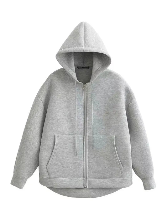 Gray Jacket With Hood Long Sleeve Big Pocket Zipper Jacket