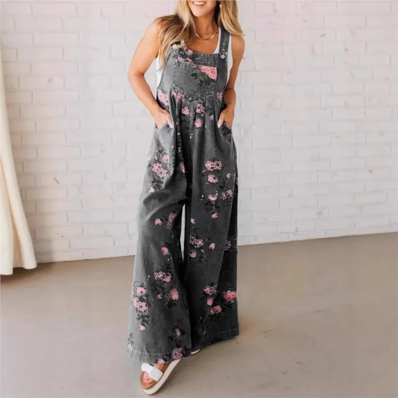 Women Jumpsuits Floral Printed Overalls Square Neck Sleeveless Rompers