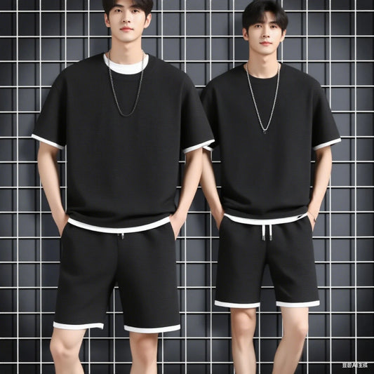 Men's Summer Waffle Set Brand Fashion Casual T-shirt