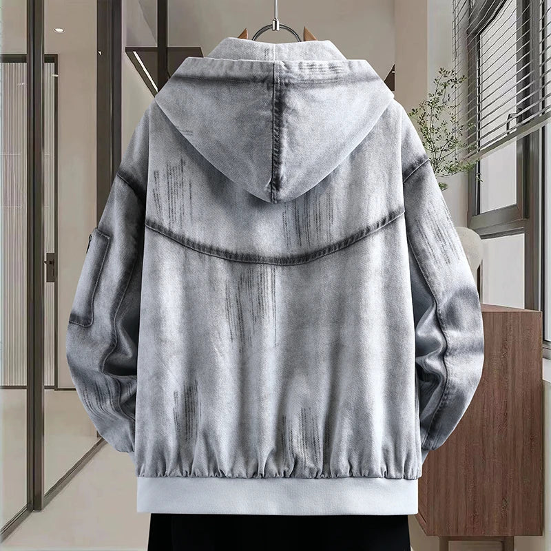 Men's Fashionable Denim Jacket - Cotton Blend Hooded Pullover