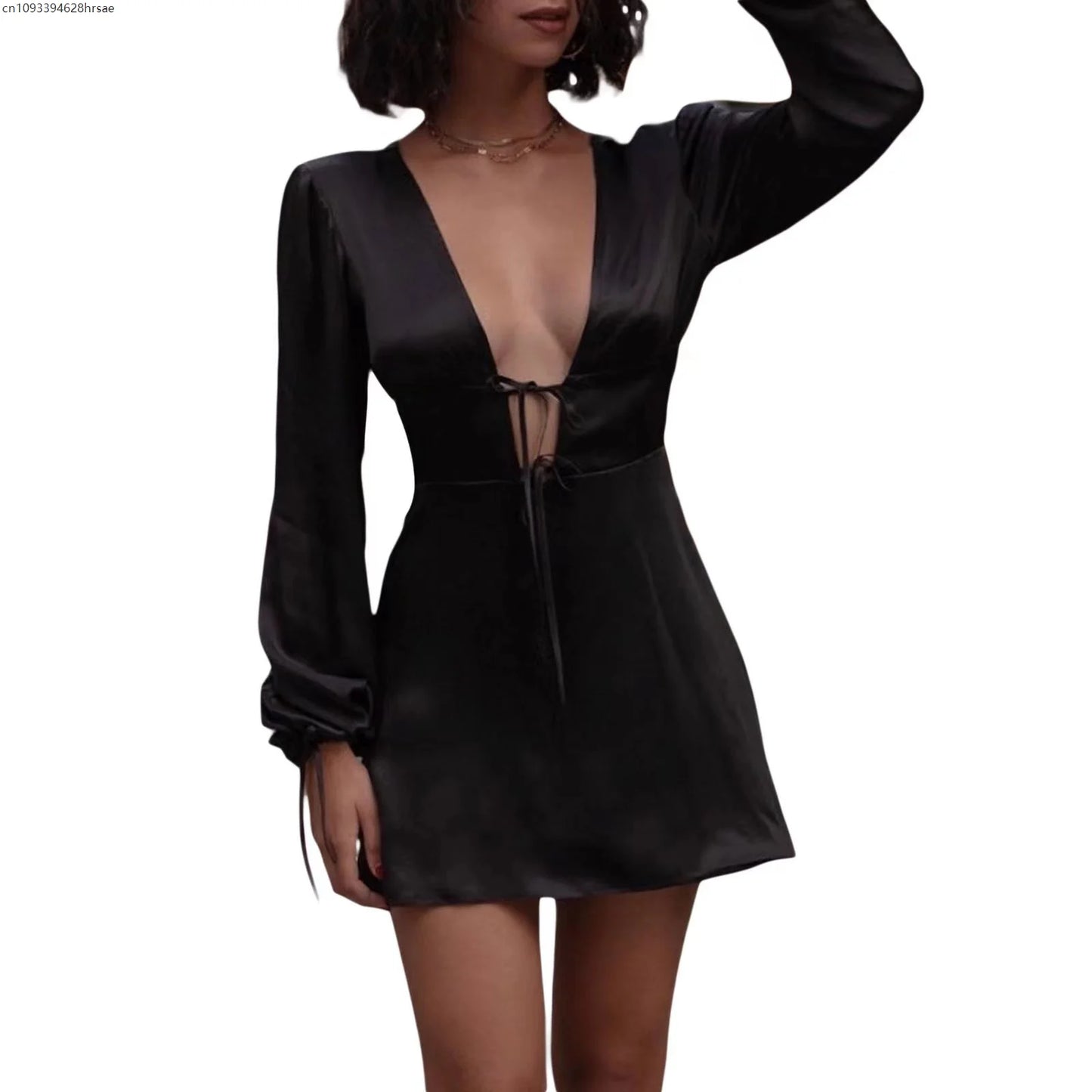 Deep V Neck Sexy Lace-Up Long Sleeve High Waist Slim Fit Mini Short Dress