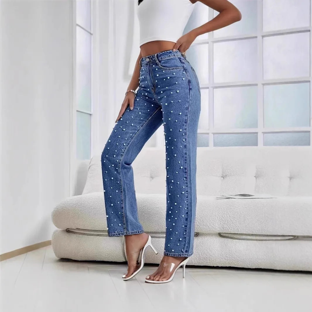 Women's Jeans Pants Beading High Waist Straight Pants