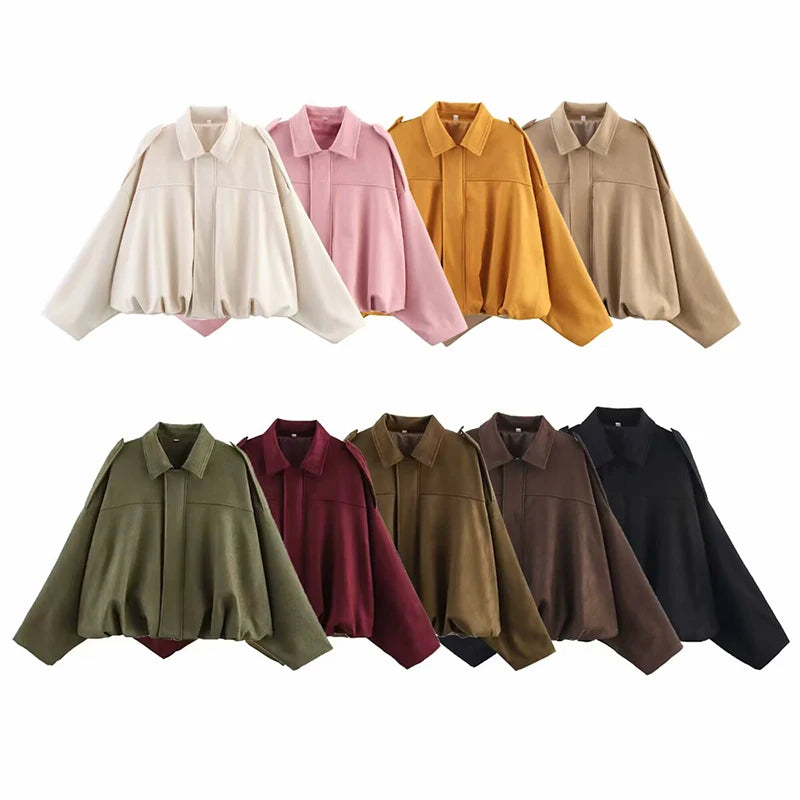 Women's Bomber Jackets  Turn-down Collar Long Sleeve Loose Coats