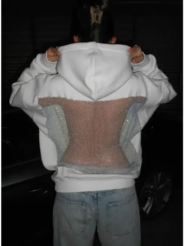 Women's Hollow Mesh Hoodie, A Transparent, Loose-fitting Long-sleeved Sweatshirt