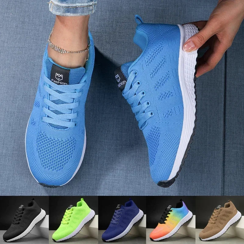 Women's Sneakers Breathable Knitted Mesh Comfortable Flat Lace Up Shoes